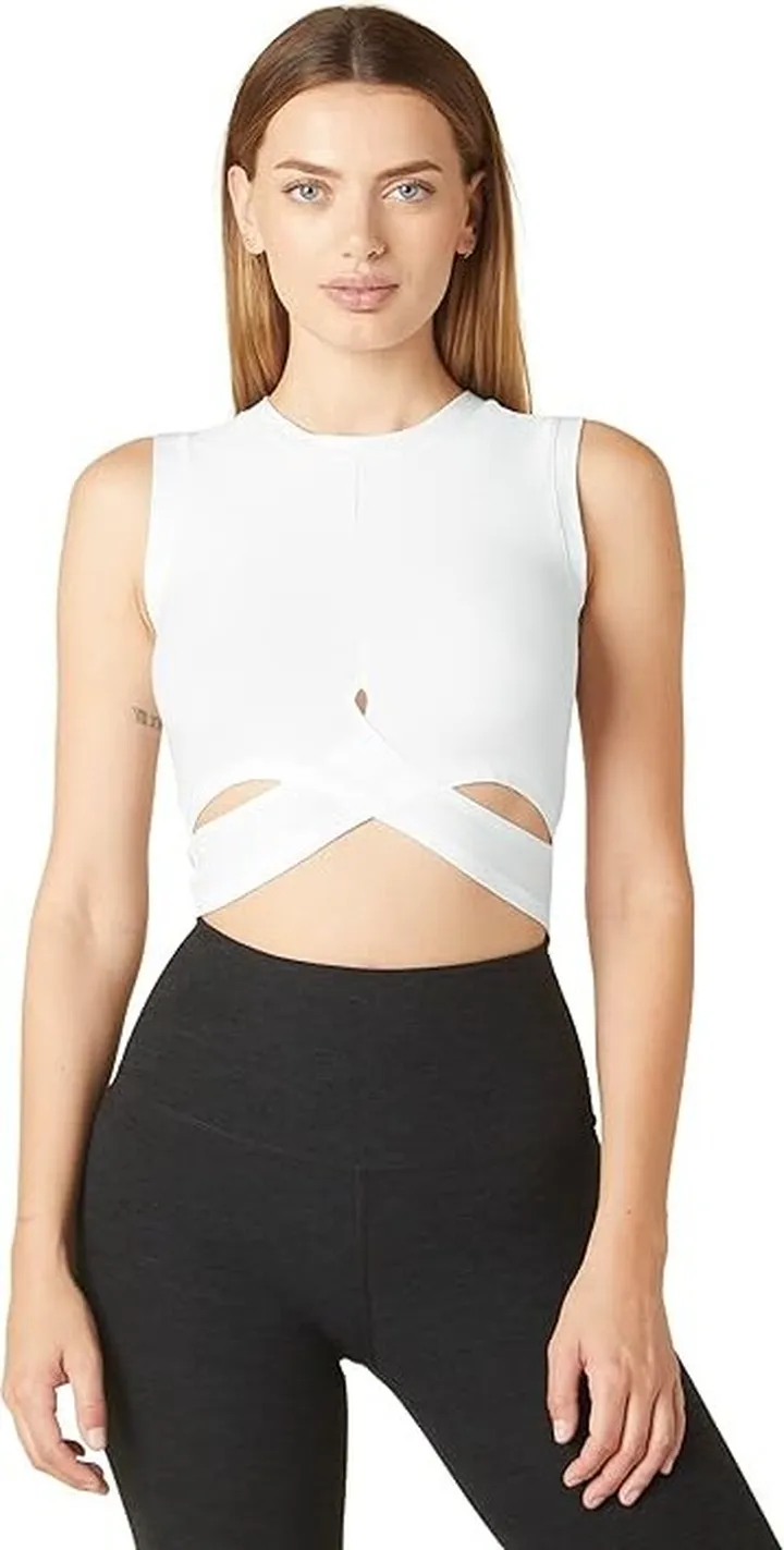 Beyond Yoga Under Over Lightweight Cropped Muscle Tank (Cloud White) Women's Clothing