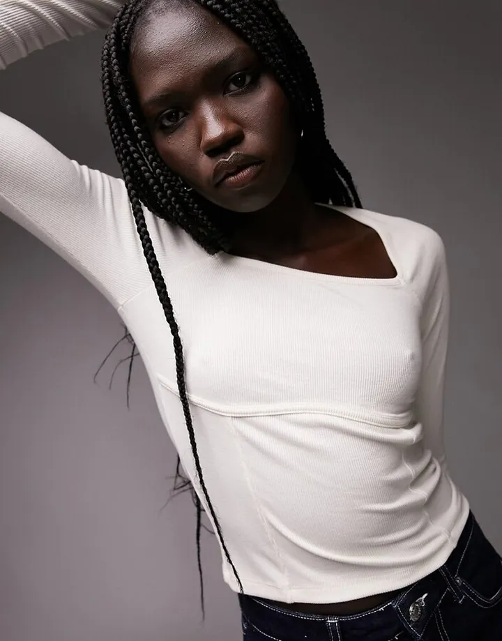 Topshop square neck seam detail long sleeve top in ecru
