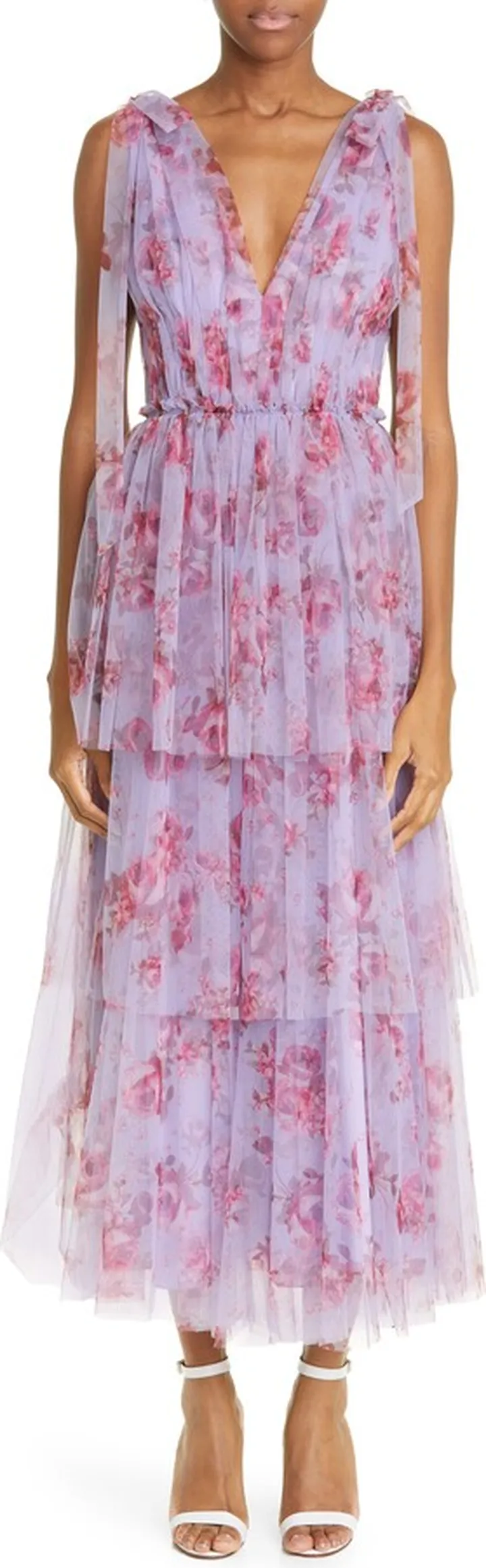 Floral Print Tiered Tulle Midi Dress