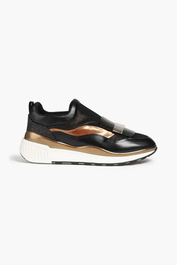 Glittered leather and mesh slip-on sneakers