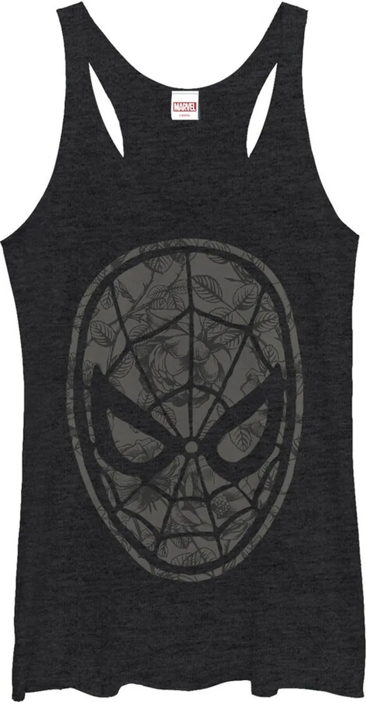 Women's Marvel Spider-Man Gray Grayscale Floral Print Racerback Tank Top - Black Heather - Large