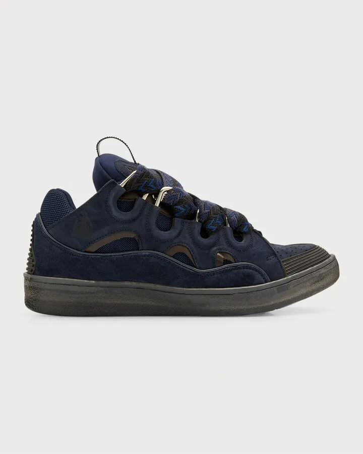 Men's Curb Herringbone-Lace Leather Low-Top Sneakers