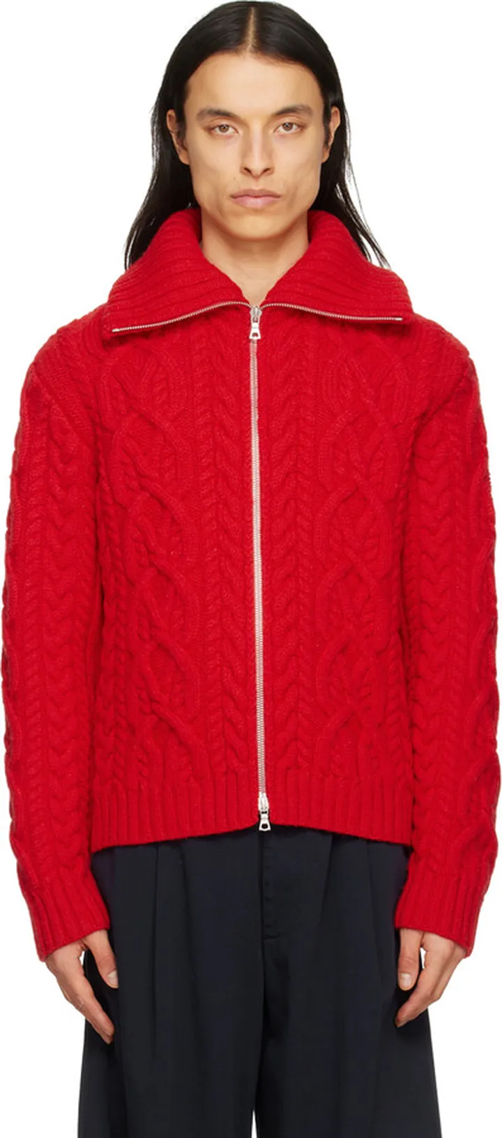 Dries Van Noten Red Cable Zip Sweater
