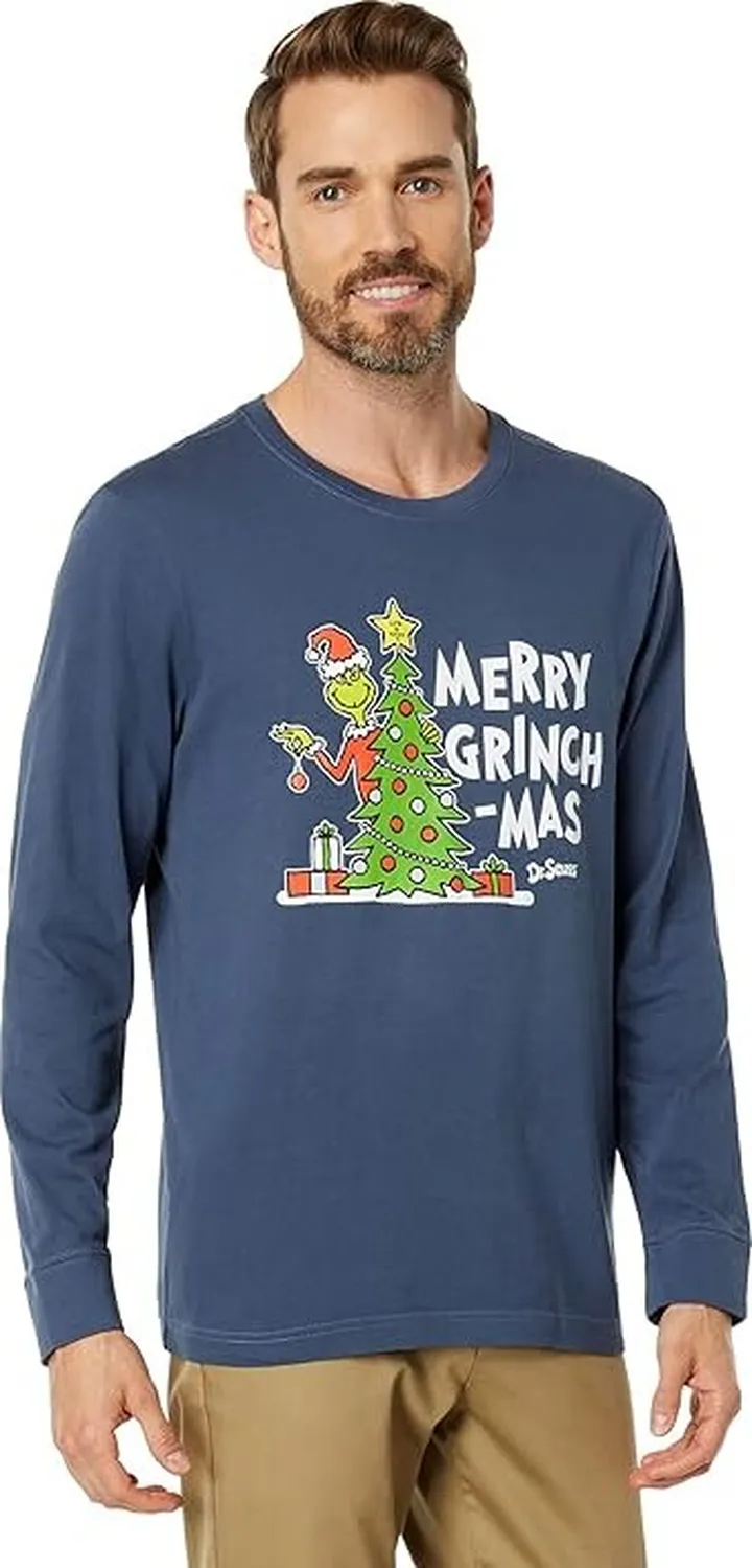 Life is Good Grinch Merry Grinchmas Tree Long Sleeve Tee (Darkest Blue) Men's Clothing