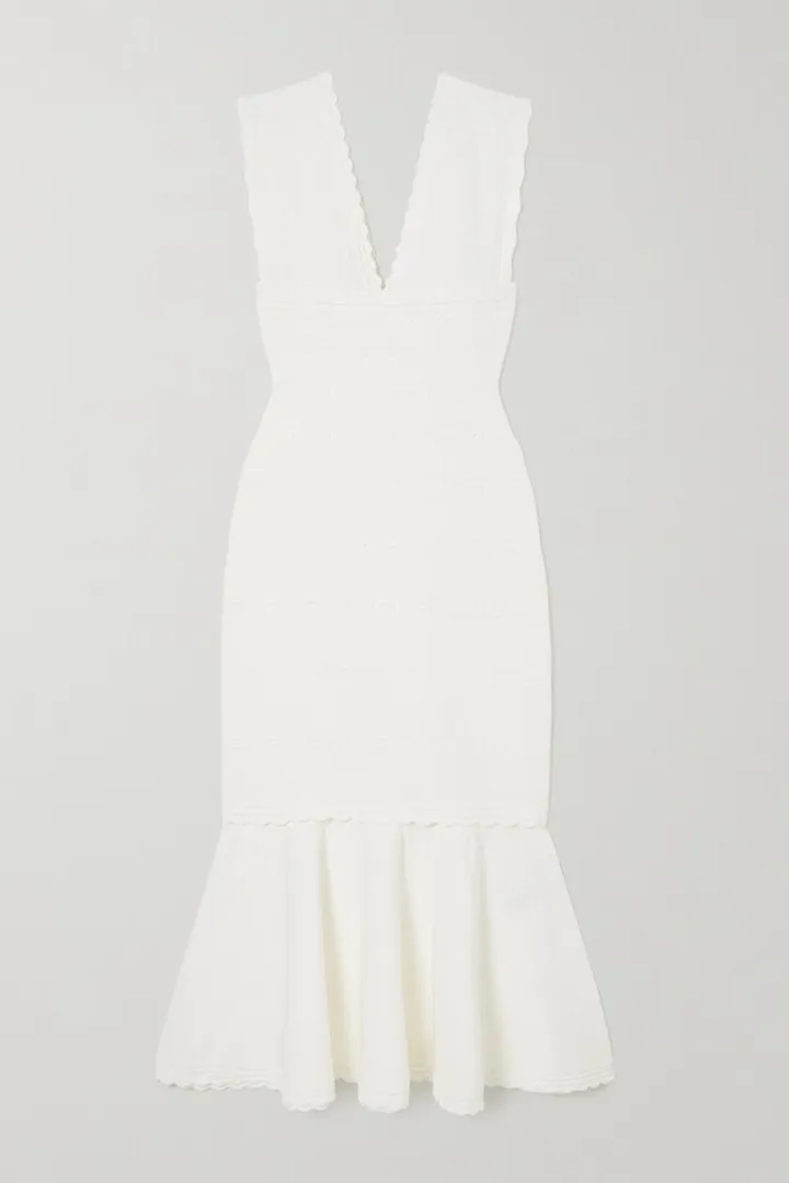 Victoria Beckham - Perforated Scalloped Flared Stretch-knit Midi Dress - White