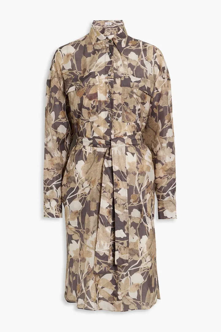 Belted floral-print silk-charmeuse shirt dress