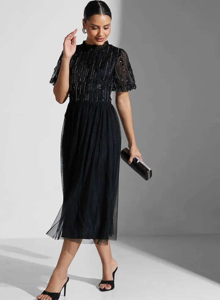Puff Sleeve Sequin Detail Dress