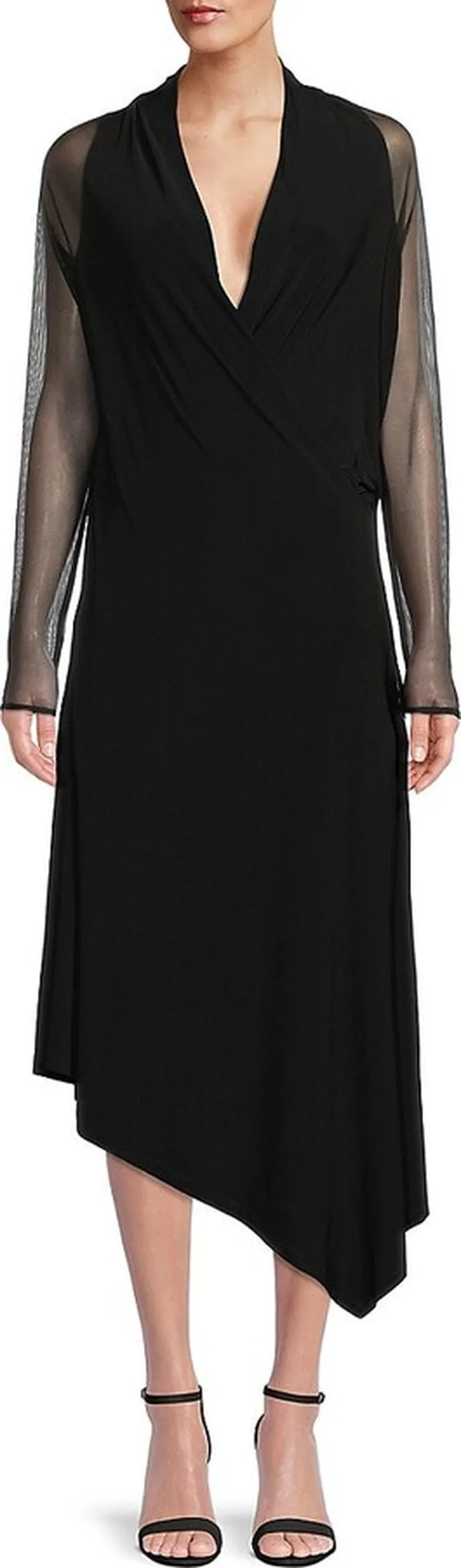Mesh Sleeve Asymmetric Midi Dress
