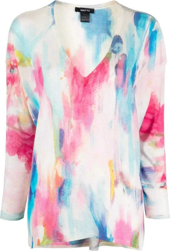 AVANT TOI- V-neck Tie-dye Print Cashmere Blend Silk Sweater