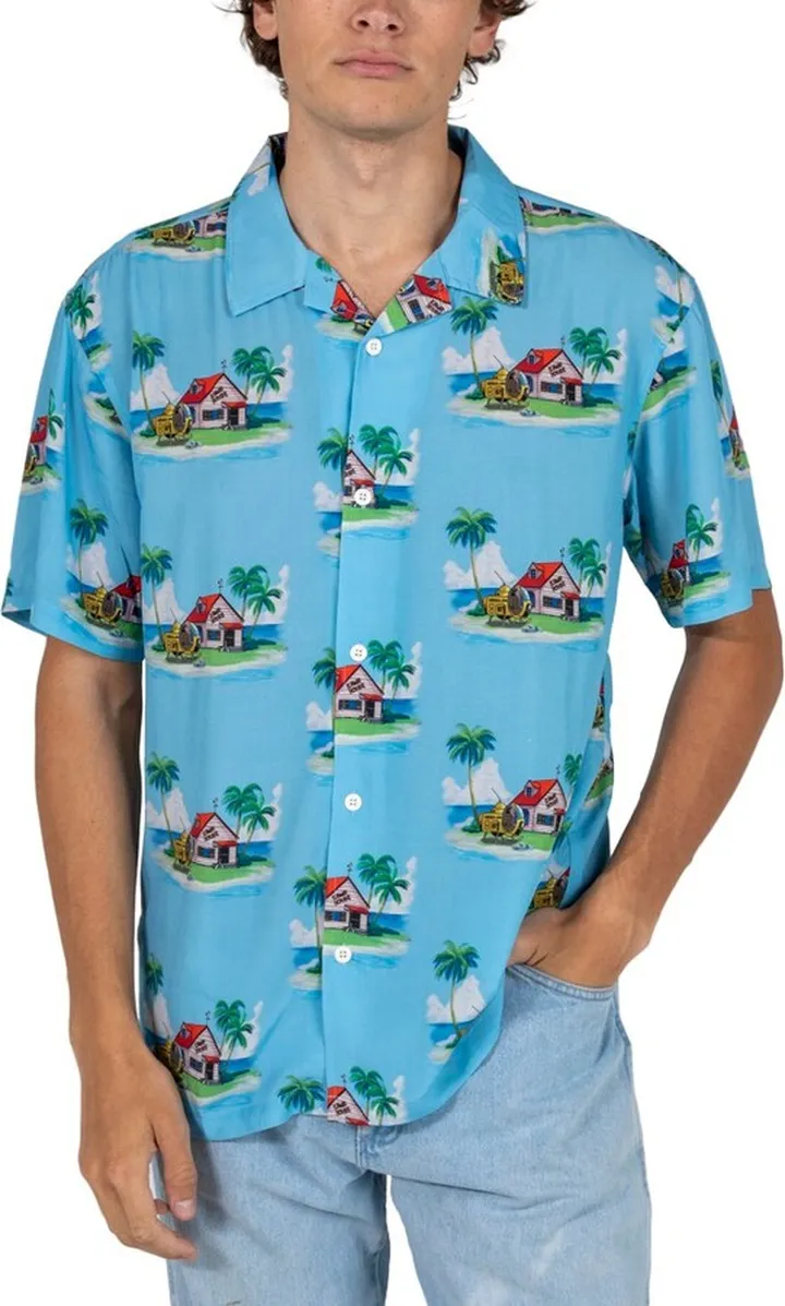 Dragon Ball Z Kame House Sublimation Print Short Sleeve Button Down Light Blue Men’s Woven Top-XXL