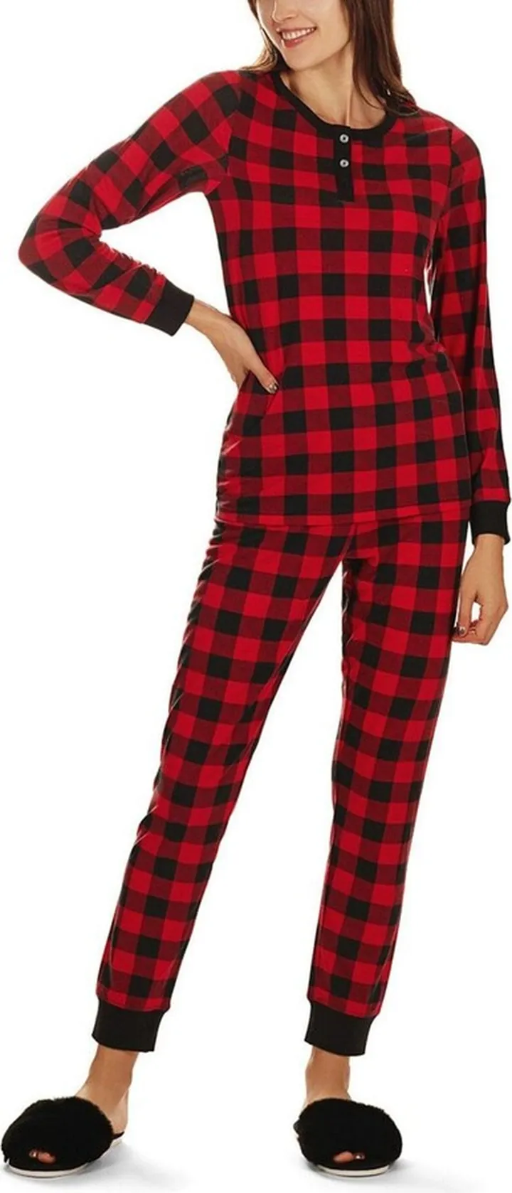 MeMoi Women's Buffalo Plaid Long Sleeve Tapered Bottom 2 Piece Pajama Set