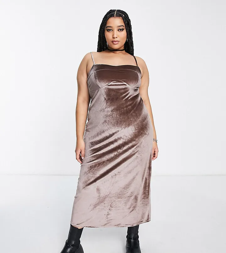 COLLUSION Plus straight neck seam detail midi dress in brown
