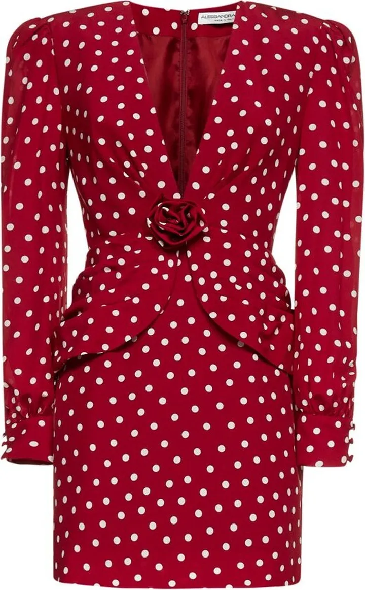 Alessandra Rich Polka Dot Printed Rose Detailed Mini Dress
