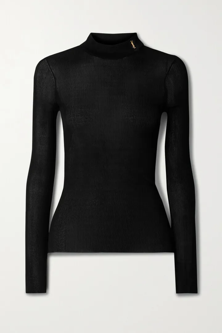 SAINT LAURENT - Ribbed Silk Turtleneck Top - Black