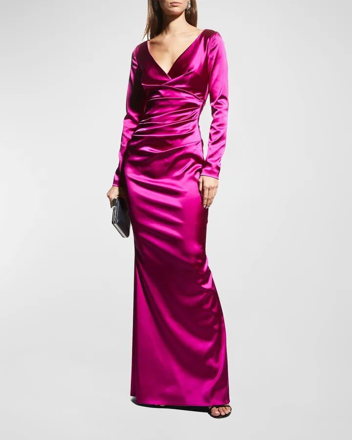 Long-Sleeve Draped Satin Duchesse Gown