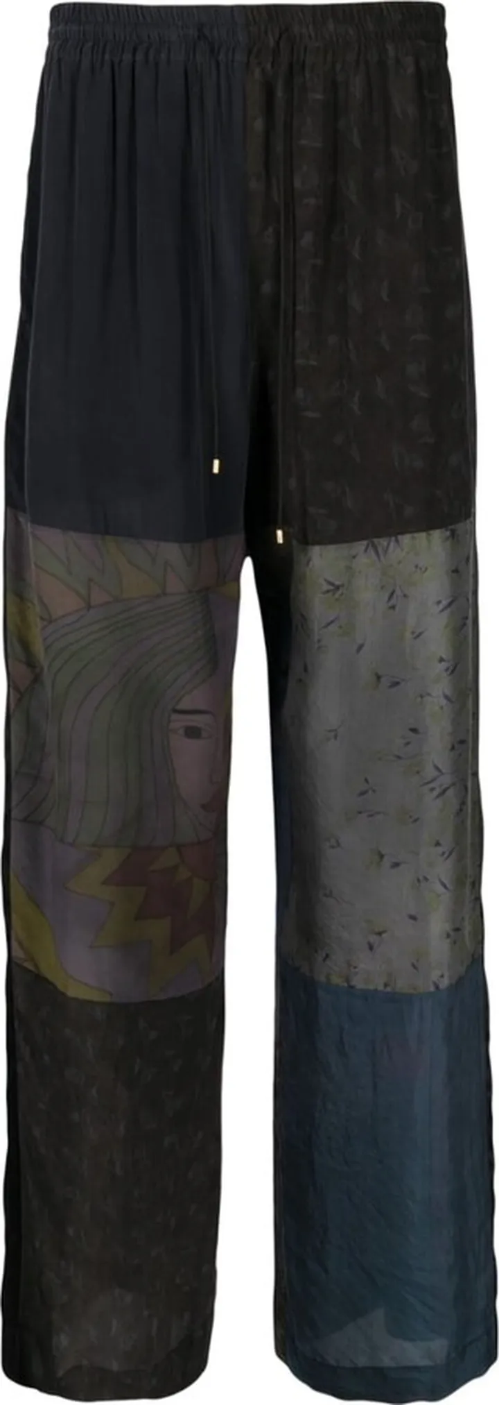 Patchwork Wide-Leg Silk Trousers