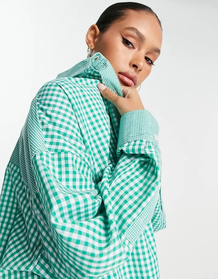 Topshop oversized gingham patch shirt in green