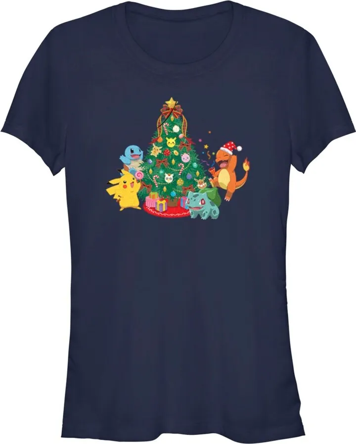 Junior's Pokemon Christmas Tree Characters T-Shirt - Navy Blue - X Large