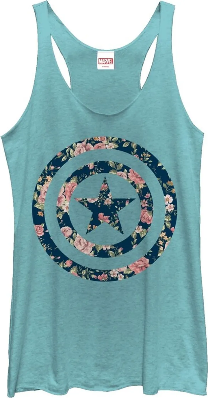 Women's Marvel Captain America Floral Print Racerback Tank Top - Tahiti Blue - X Large