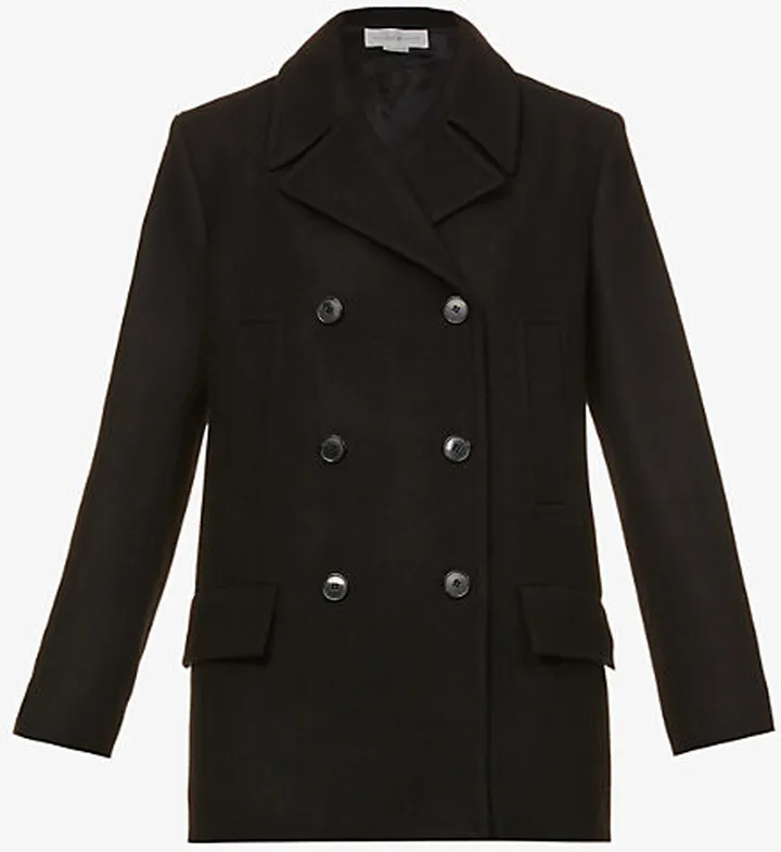 Womens Black Double-breasted Regular-fit Wool-blend Coat
