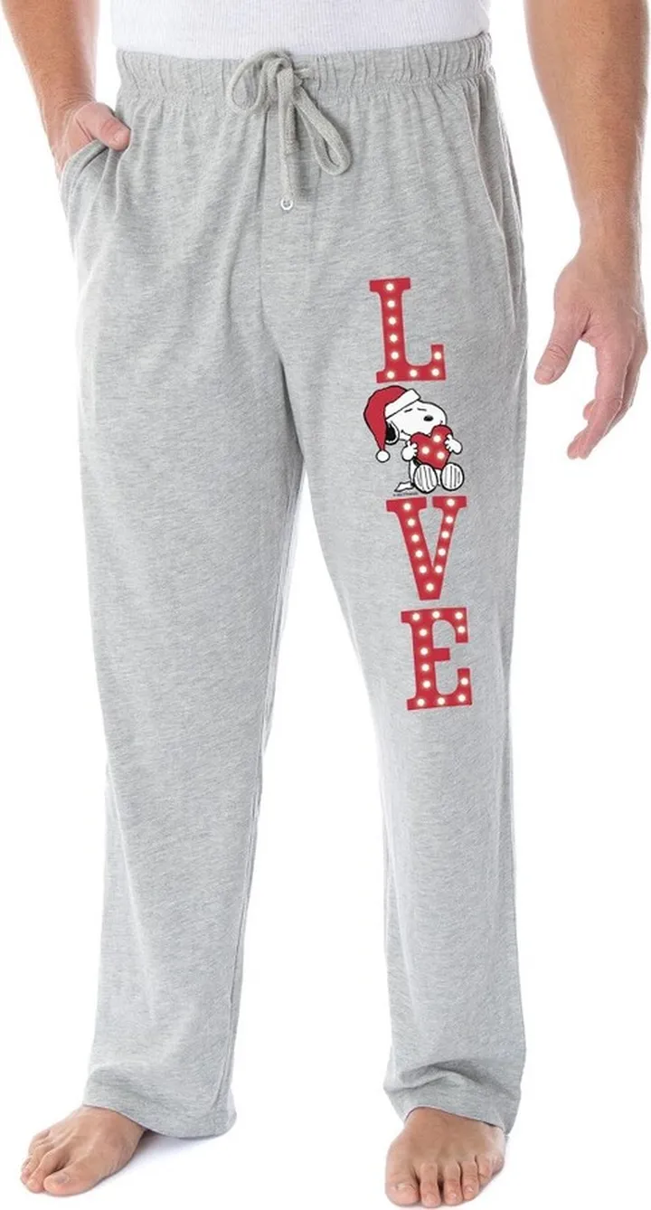 Peanuts Snoopy Pajama Pants LOVE Loungewear Sleep Bottoms Lounge Pants (SM) Grey