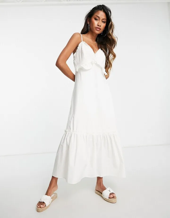 Topshop jersey poplin mix strappy frill midi dress in ivory