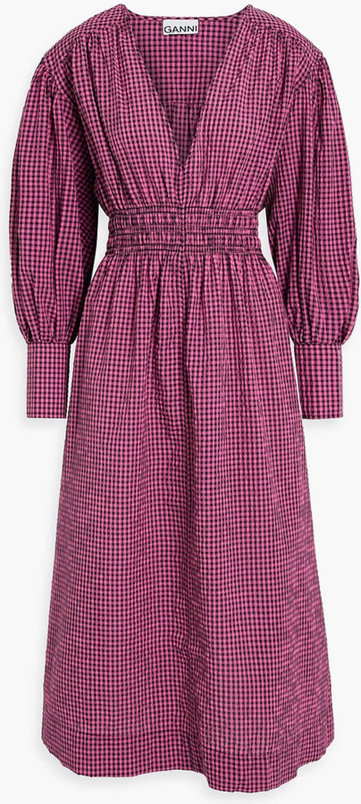 Shirred gingham seersucker midi dress