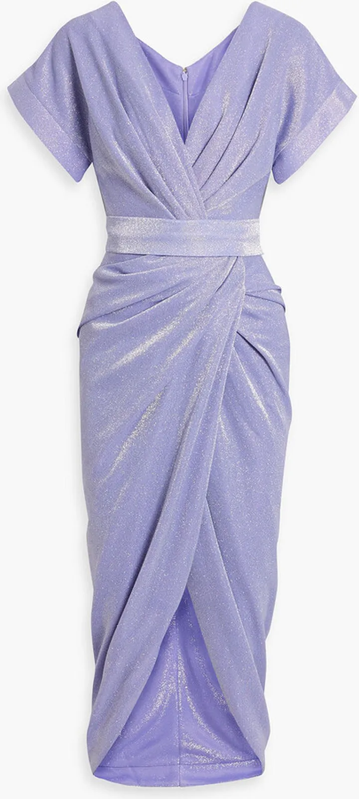 Wrap-effect draped glittered jersey midi dress
