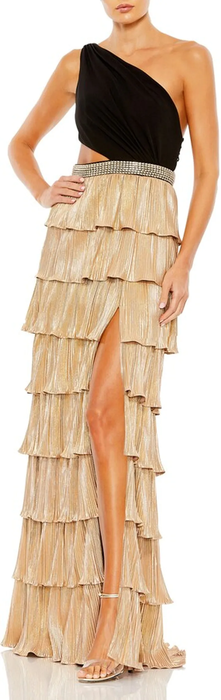 One-Shoulder Cutout Ruffle Tiered Gown