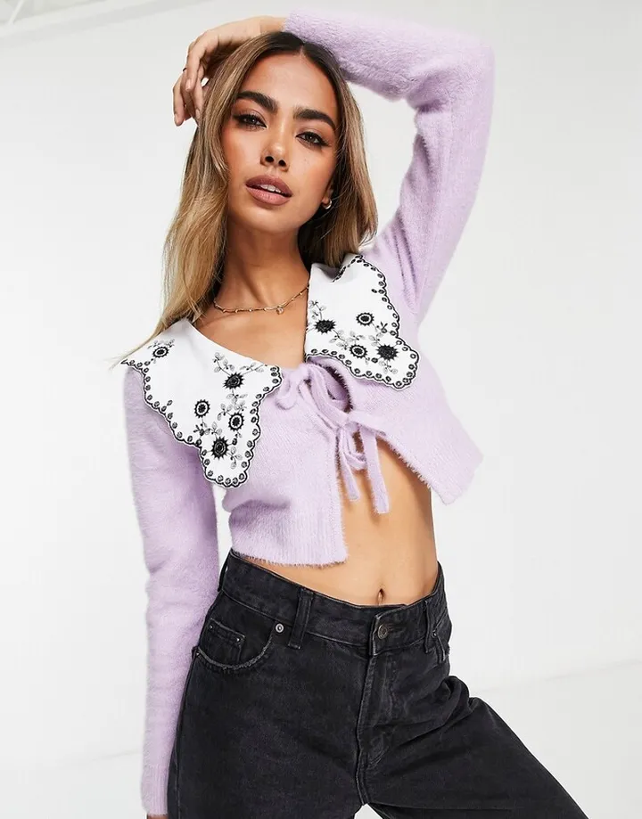 Miss Selfridge collar detail lash tie front cardigan in lilac