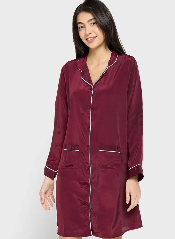 Contrast Piping Night Shirt Dress
