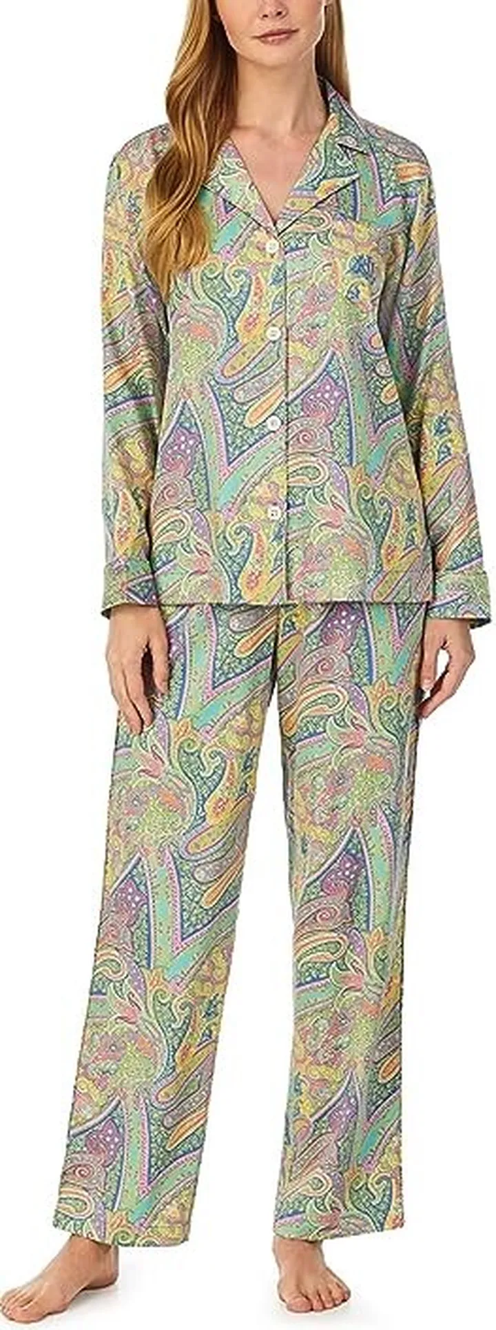 LAUREN Ralph Lauren Long Sleeve Notch Sateen PJ Set (Multi Paisley) Women's Pajama Sets