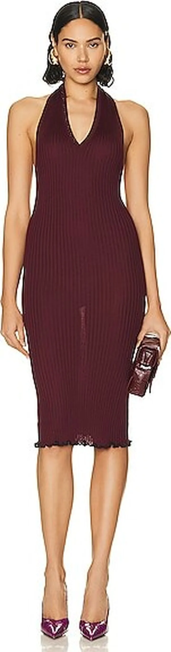 Bottega Veneta Ribbed Halter Dress in Burgundy