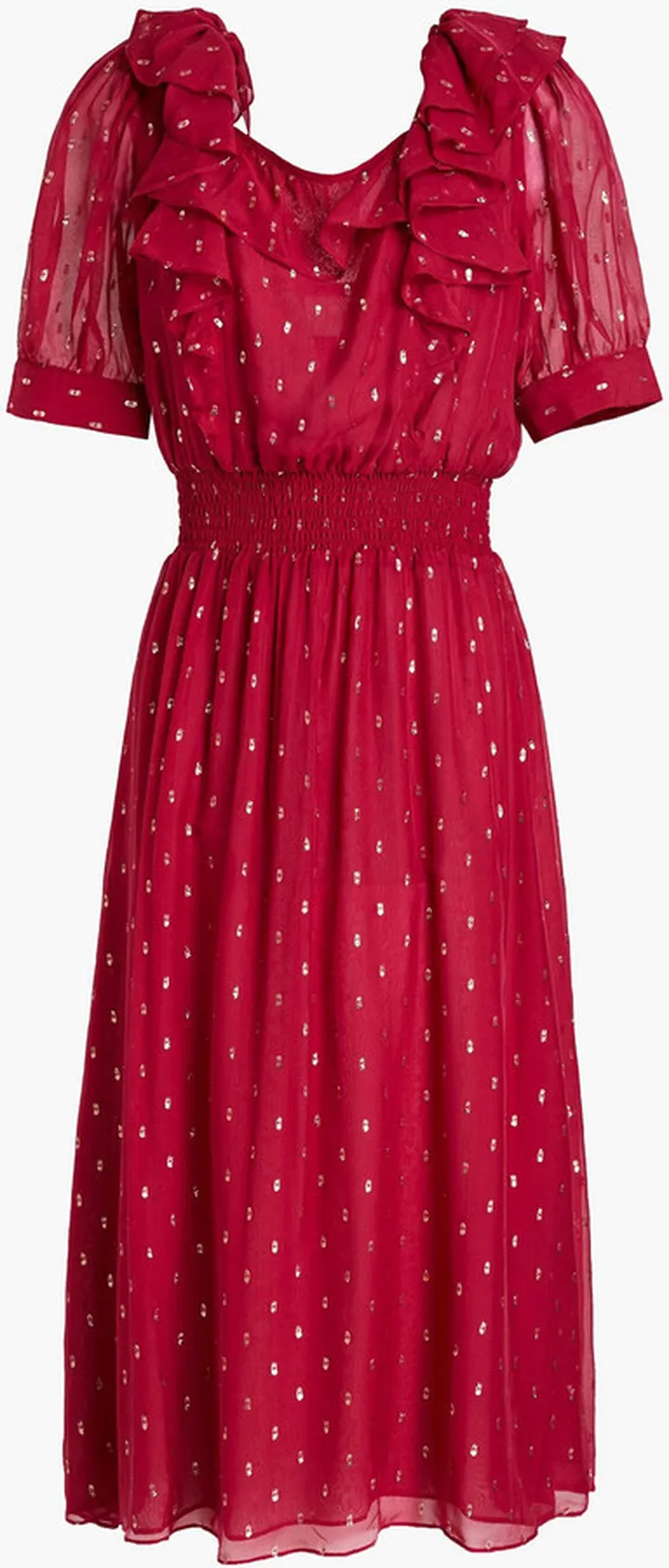Ruffled metallic fil coupé georgette midi dress