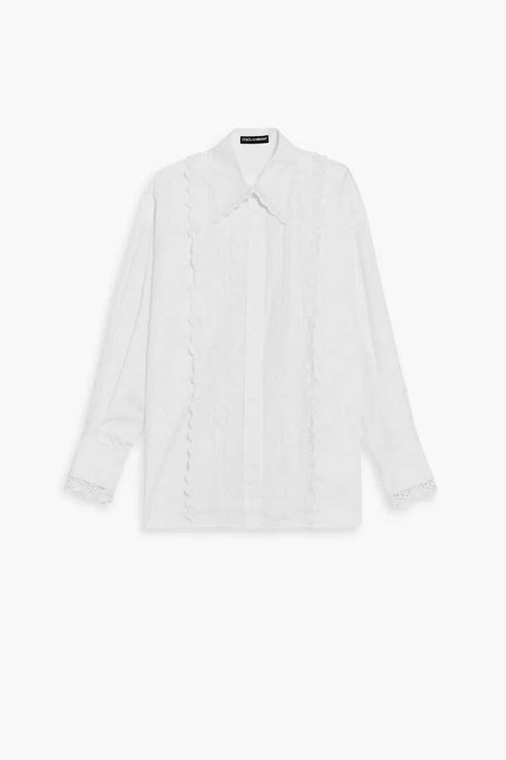 Broderie anglaise trimmed cotton-poplin shirt