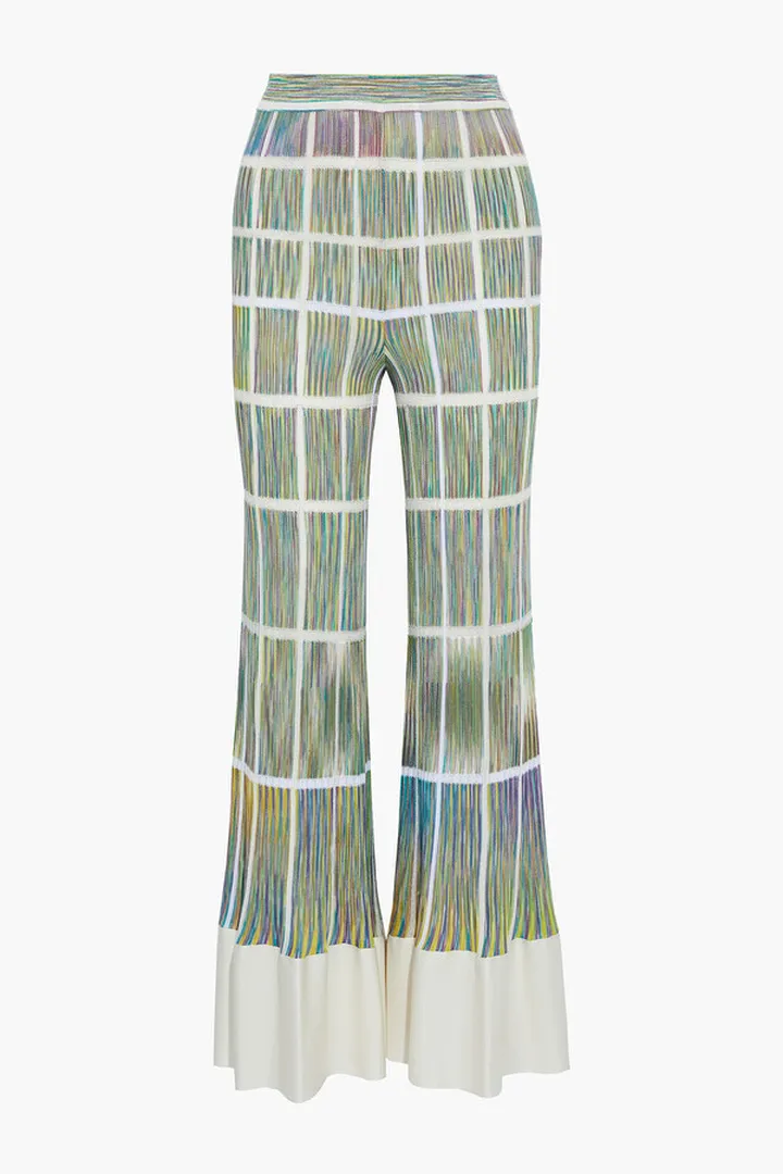 Metallic-trimmed ribbed-knit cotton-blend flared pants