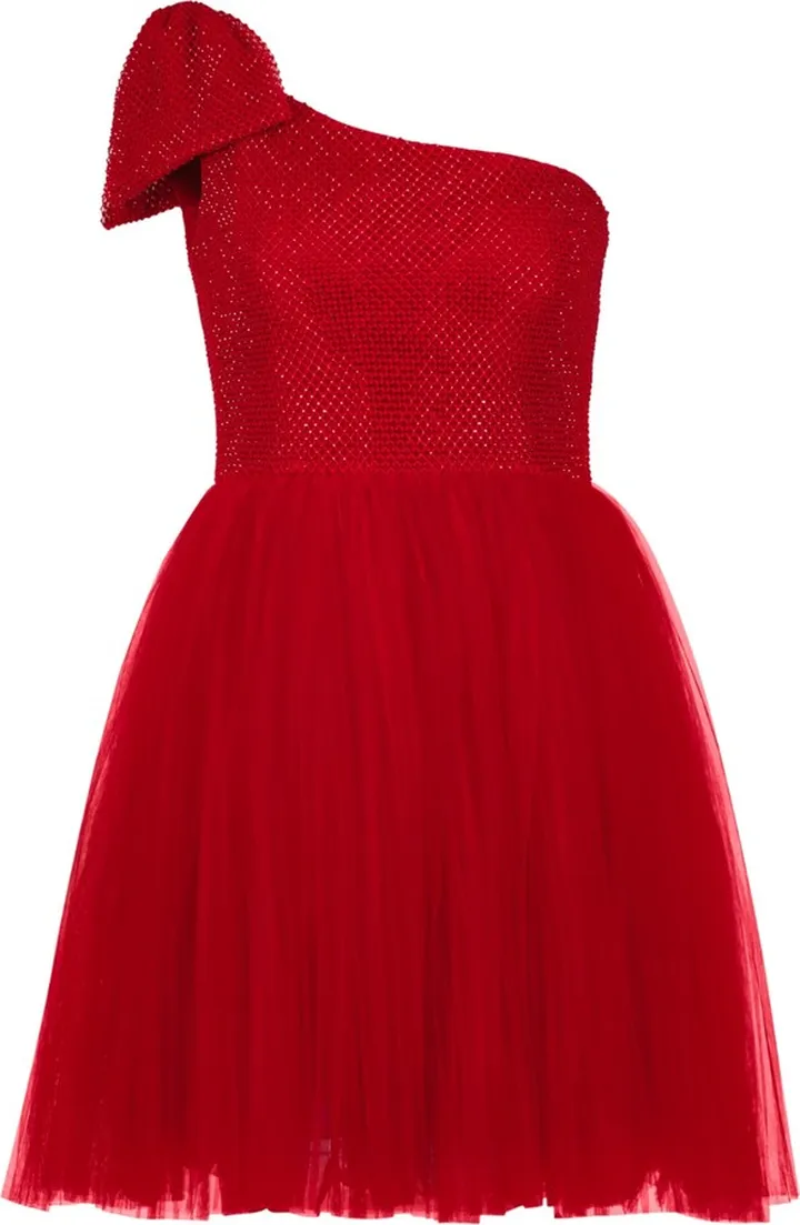 SAVANNA - One-Shoulder Bow Crystal-Embellished Tulle Mini Dress - Red