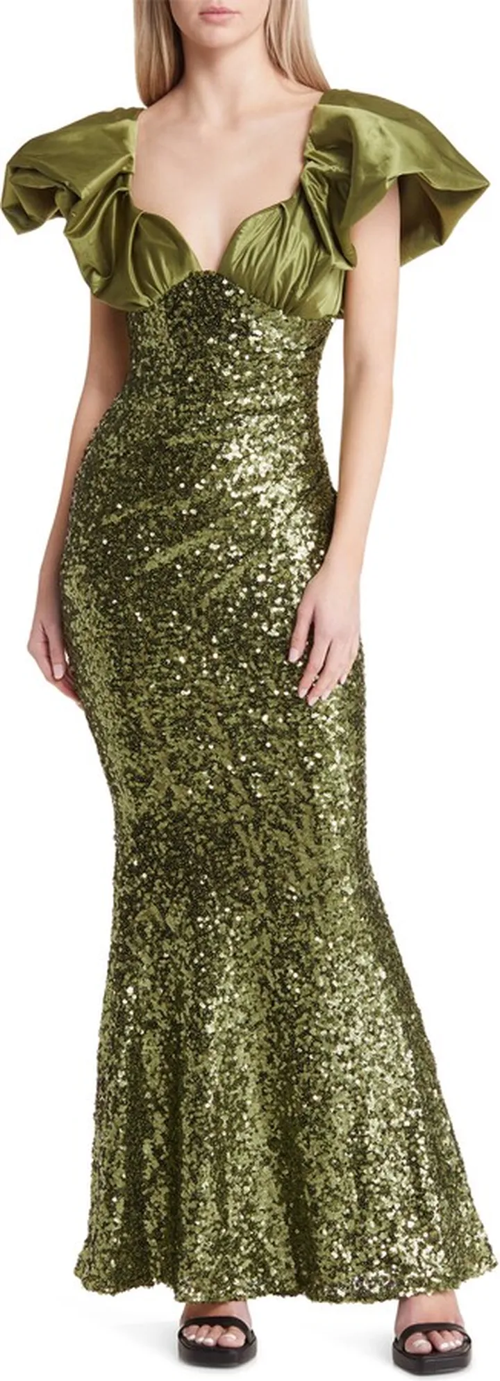 Puff Sleeve Satin Sequin Gown