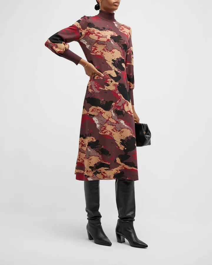 Abstract Bishop-Sleeve Midi Sweater Dress