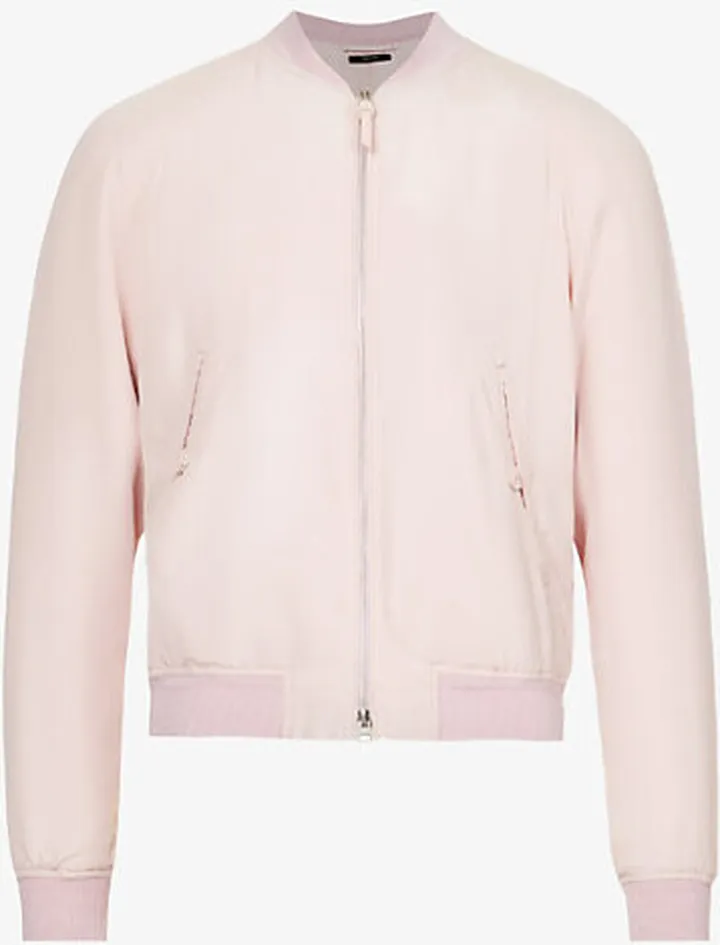 Mens Pearl Pink Stand-collar Raglan-sleeve Boxy-fit Silk Bomber Jacket
