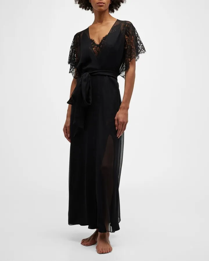 Diva Lace-Trim Sheer Chiffon Robe