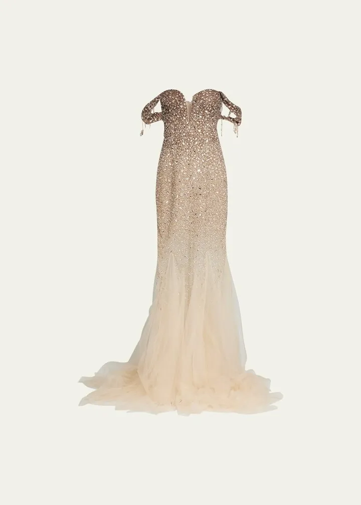 Tulle Off-Shoulder Gown with Ombre Embroidered Details