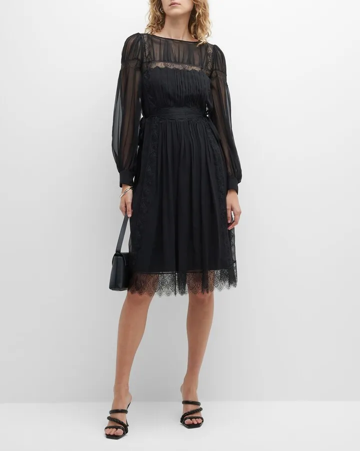Lace-Trim Pleated Chiffon Dress