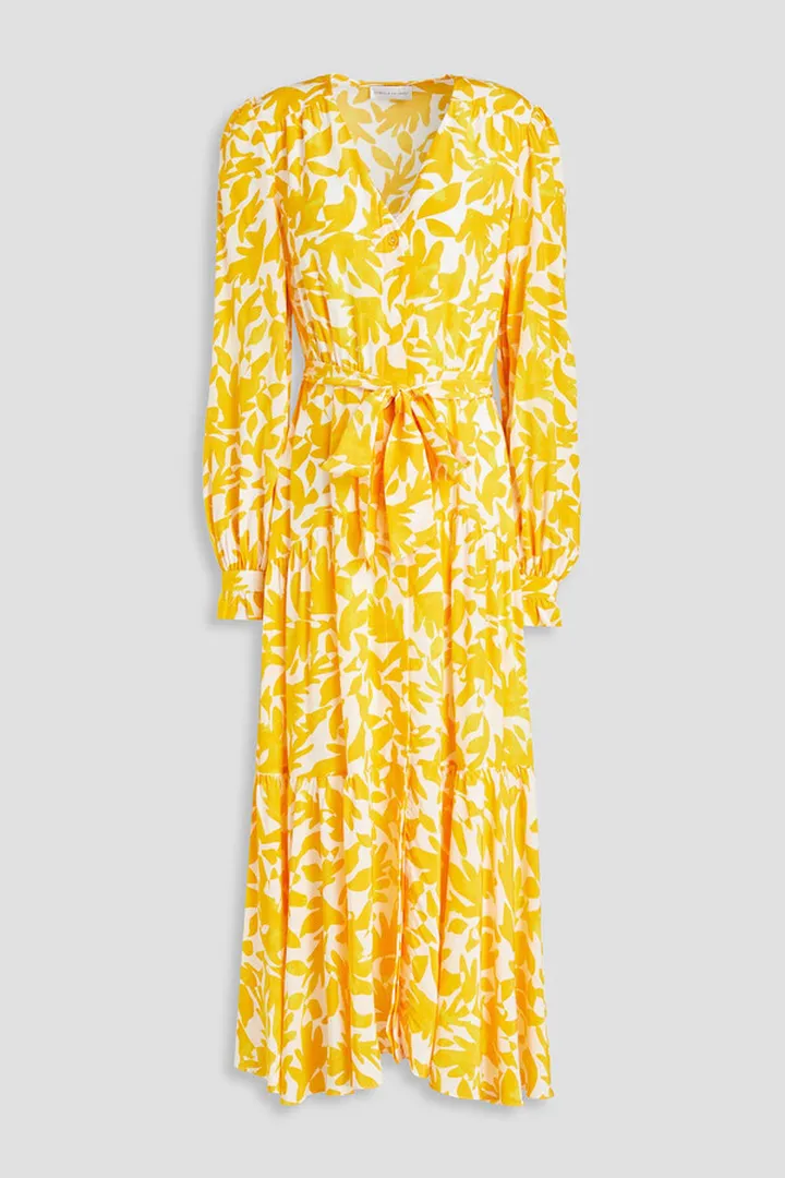 Gathered floral-print silk midi dress