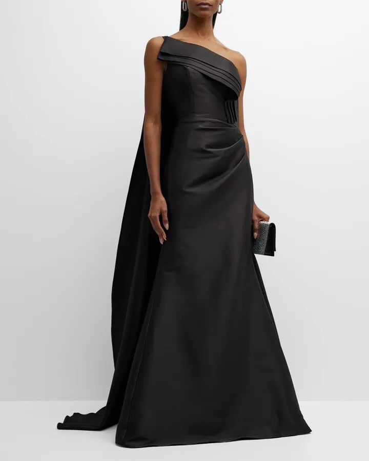 One-Shoulder Pleated A-Line Cape Gown