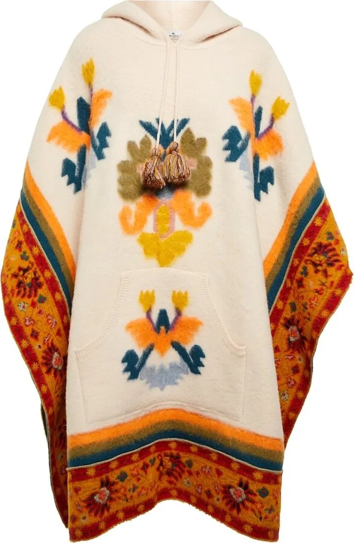 Jacquard knit wool-blend poncho