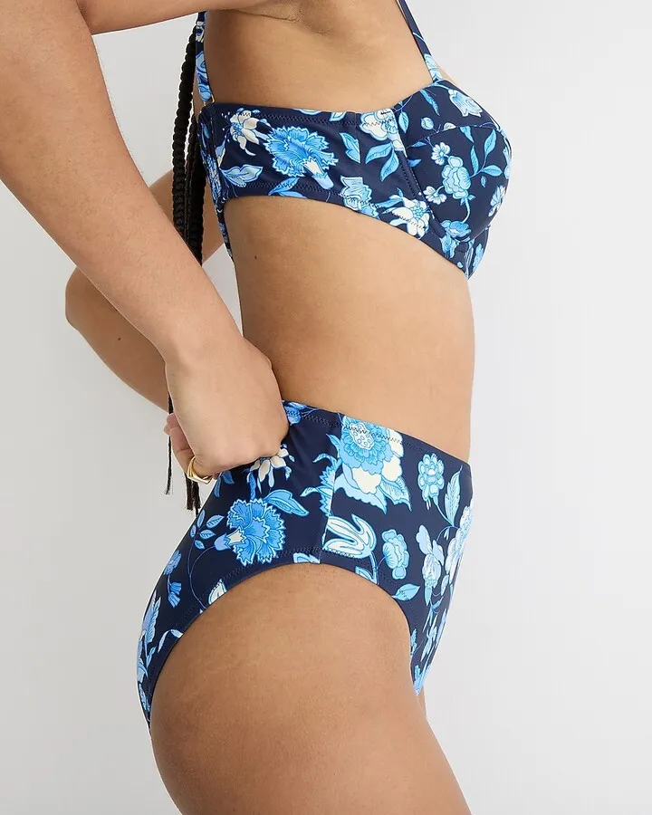 High-rise bikini bottom in midnight-blue floral