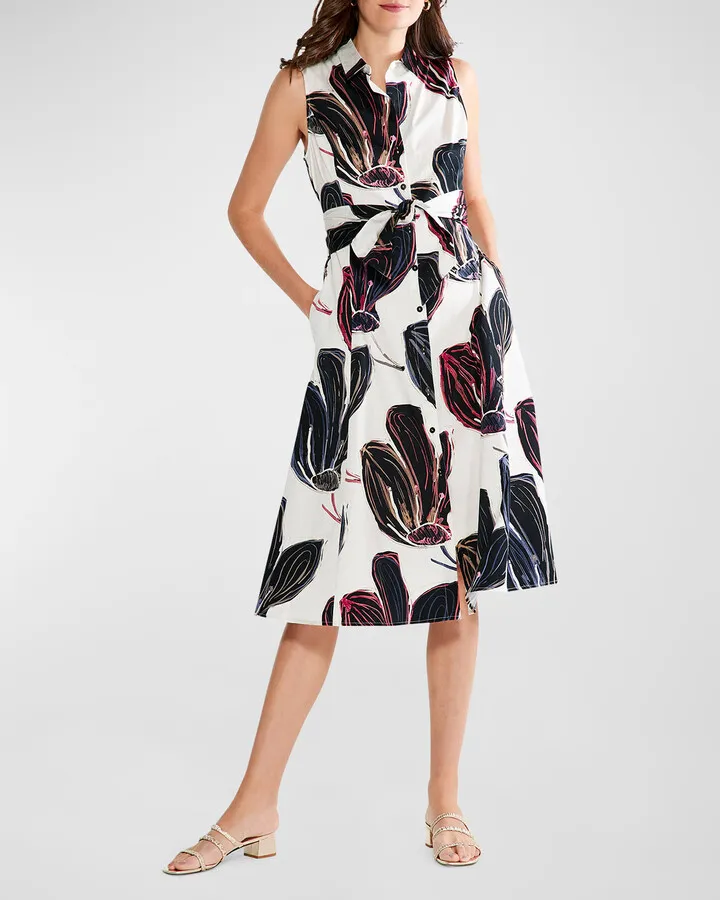 Stamped Flowers Sleeveless Midi Shirtdress