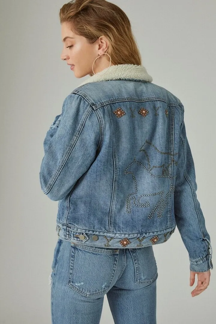 Yellowstone Horse Embellished Faux Shearling Denim Jacket