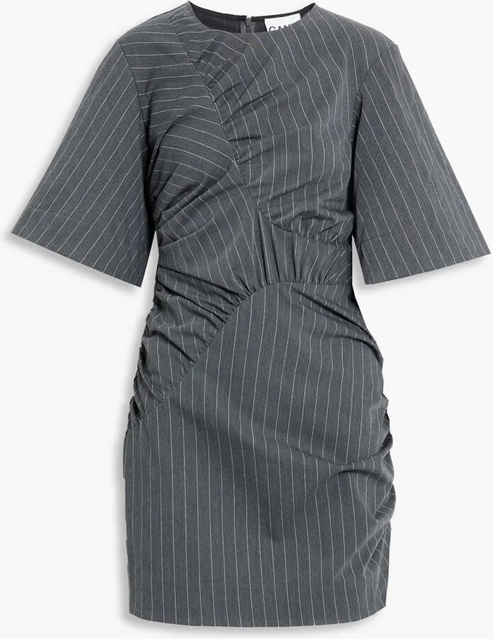 Ruched pinstriped stretch-jacquard mini dress